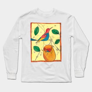 Colored bird and birdsnest - Charley Harper style Long Sleeve T-Shirt